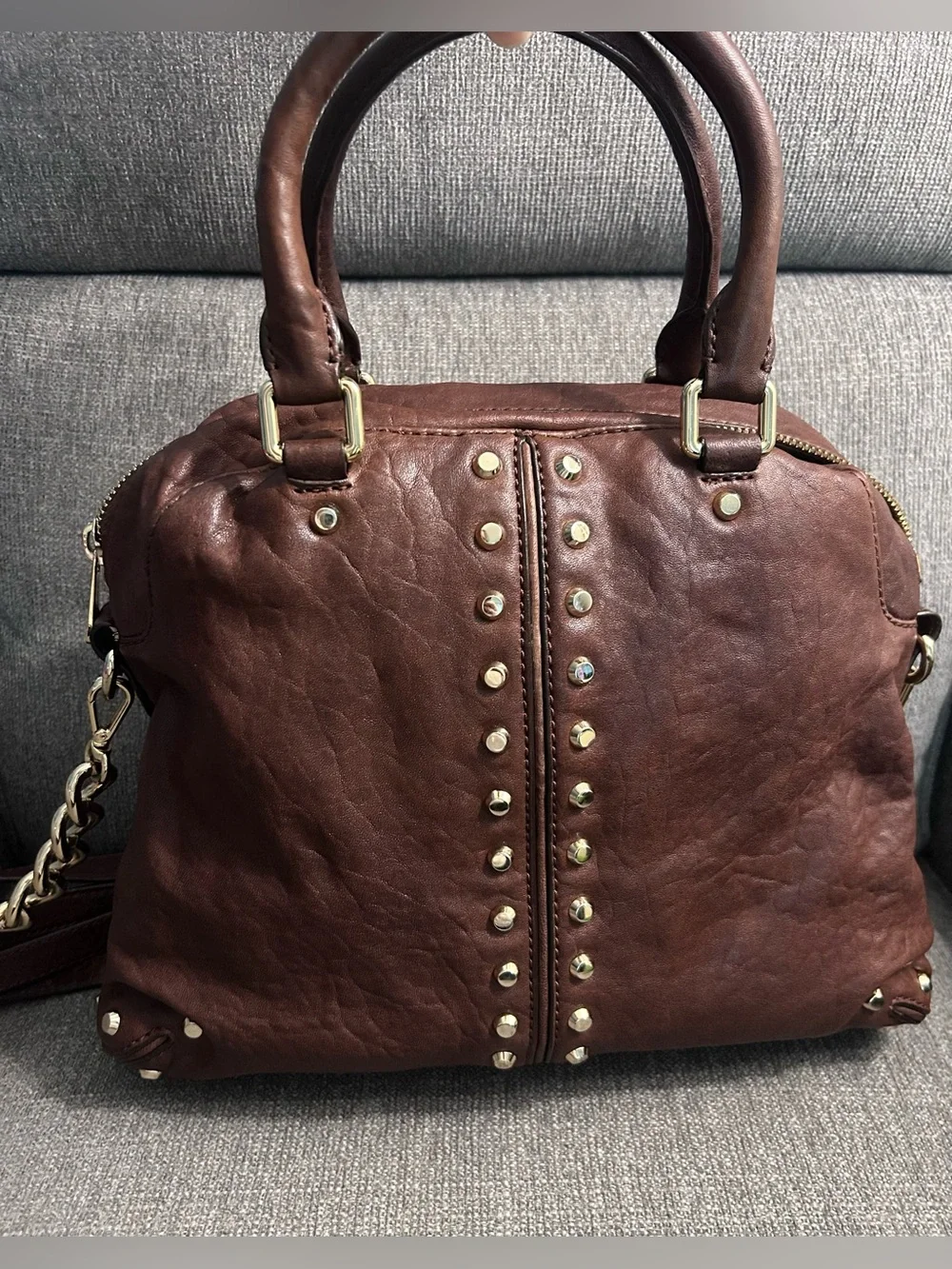 Michael Kors Brown Studded Leather Satchel with leather & chain crossbody strap